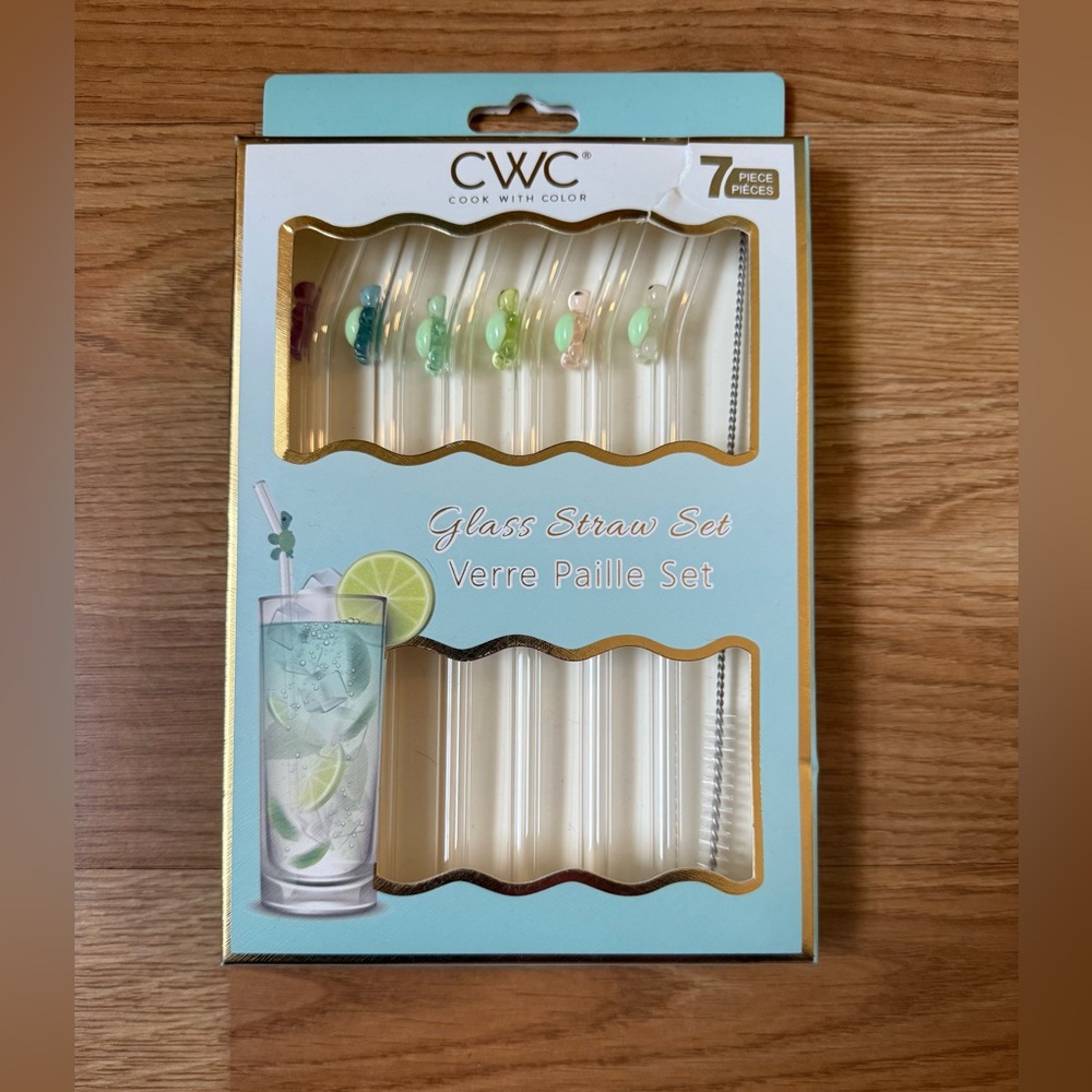 CWC Turtle Charm Glass Straw Set with Cleaning Brush